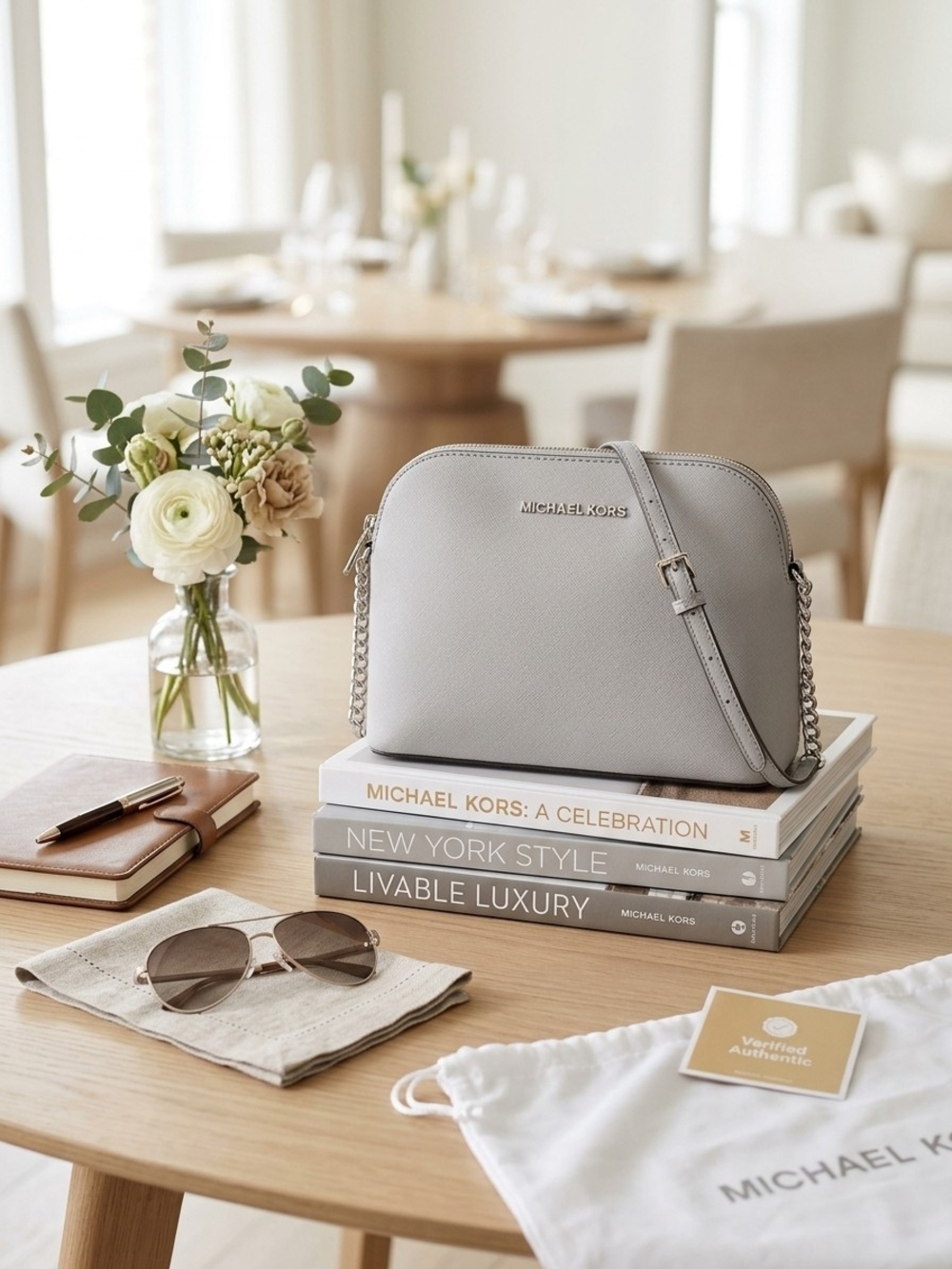 Michael Kors Light Gray Saffiano Crossbody with Chain Strap